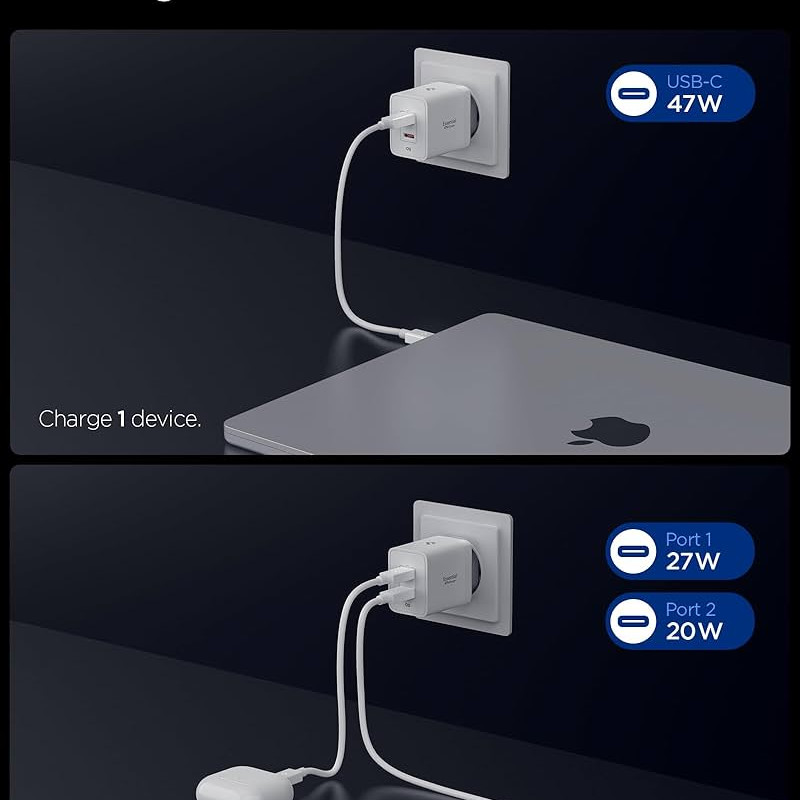 Spigen 47W USB-C 2 Port Mini Hızlı Şarj Aleti